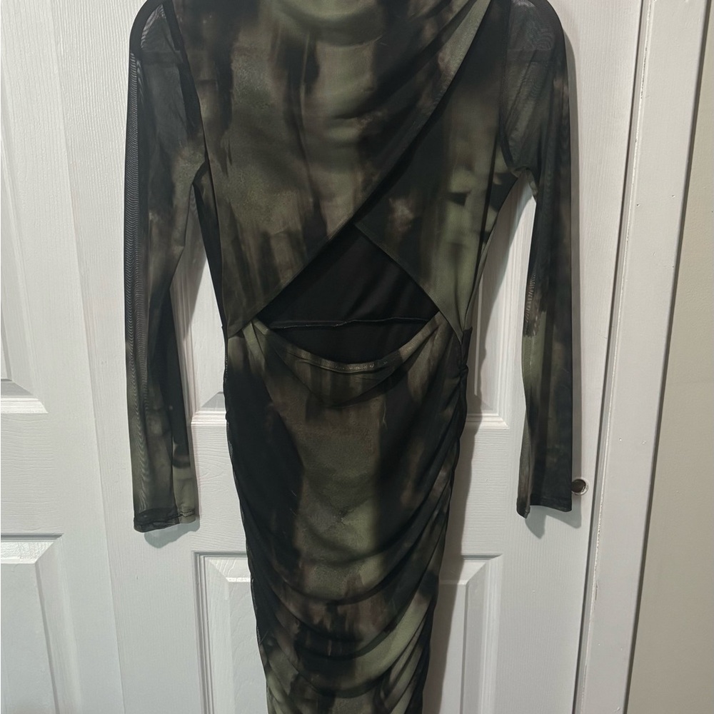 Elegant Camouflage Long Sleeve Dress Green, black & dark brown. Never worn.